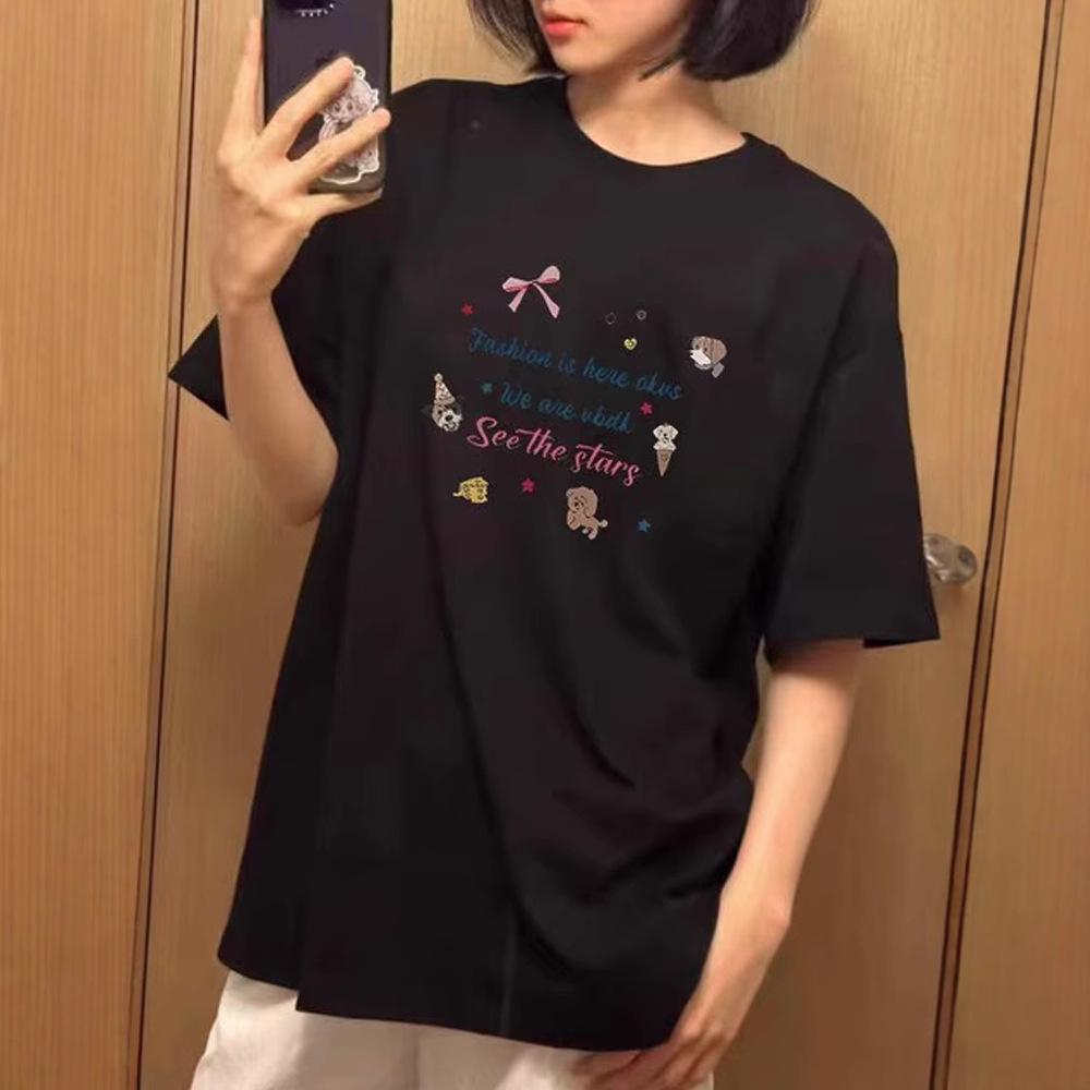 American trendy brand front shoulder cartoon cute printed short-sleeved t-shirt women's summer new casual loose versatile top t-shirt