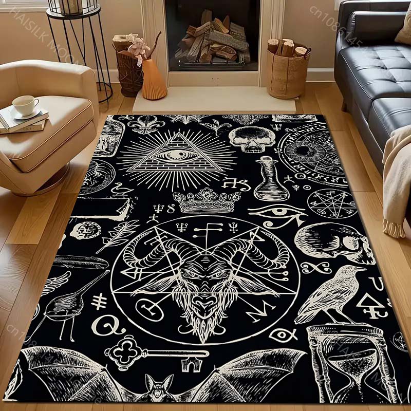 1 st. Matta med mönster av mörka runor för vardagsrum, sovrum, sängkant, soffa, golvmatta, modern heminredning, matta för gång, korridor, område