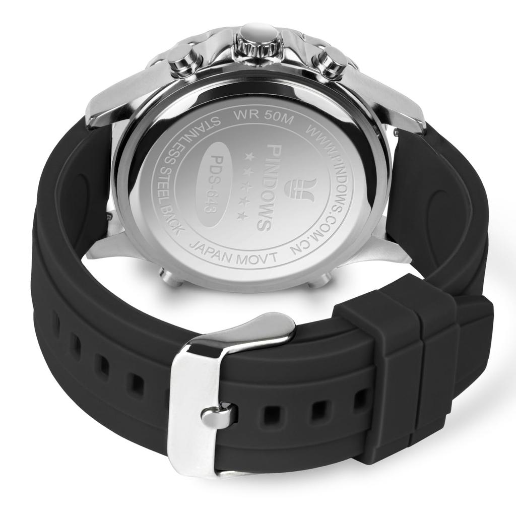 PINDOWS Tactical Analog-Digital Sport Watch, Silicone Band Multifunctional Model PDS-643, Silver/Black, Men's