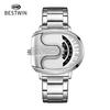Fashion Men Irregular Tonneau Shape Quartz Watch Creative Rotating Dial Stainless Steel Bracelet Wristwatch