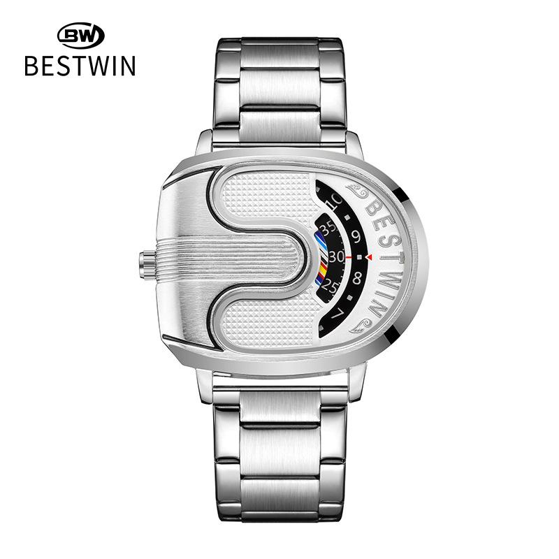 Fashion Men Irregular Tonneau Shape Quartz Watch Creative Rotating Dial Stainless Steel Bracelet Wristwatch
