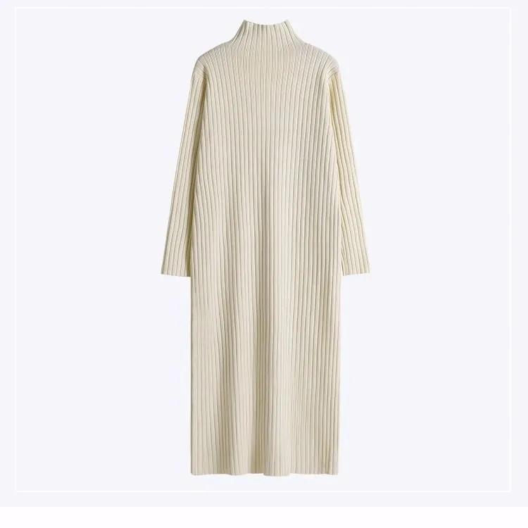 Podzimní a zimní dlouhé pletené šaty se spodničkou a kabátem, polovyvýšený límec, temperamentní volný svetr nad kolena