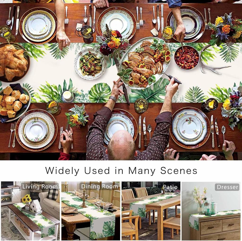 Summer Palm Leaf Linen Table Runner Holiday Party Decor Reusable Farmhouse Kitchen Dining Table Runner Wedding Decorations