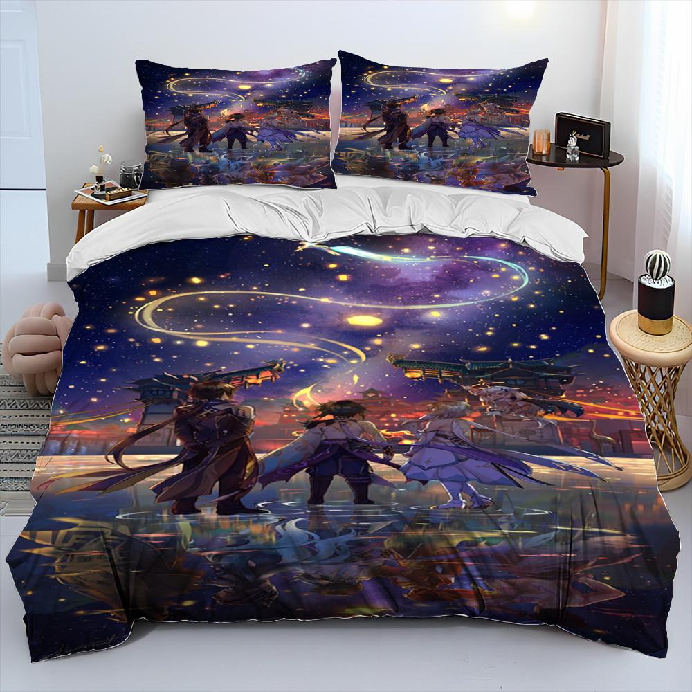 Genshin Impact Game Gamer Cartoon Comforter Bedding Set,Duvet Cover Bed Set Quilt Cover Pillowcase,king Queen Size Bedding Set