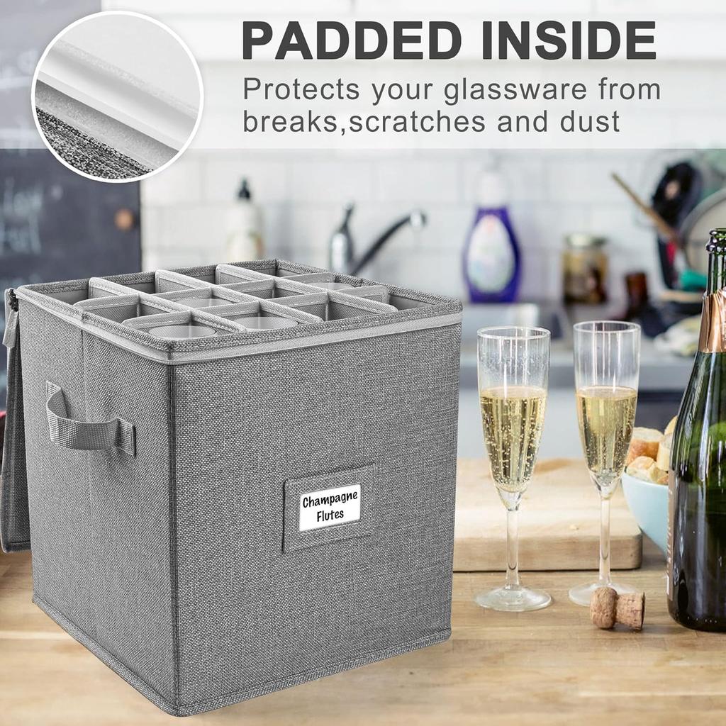 Champagne Flute Storage Box, 12' Tall, Stackable with Dividers & Handles, Grey – Stemware & Crystal Glassware Moving Case