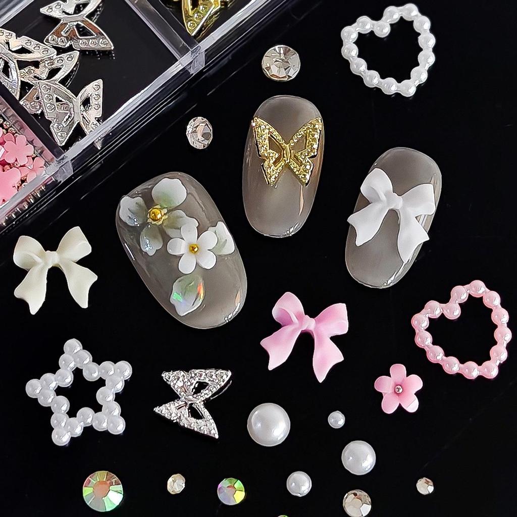 12-Grids Floral Steel Beads & Pearl Rhinestone Nail Art Decor Set