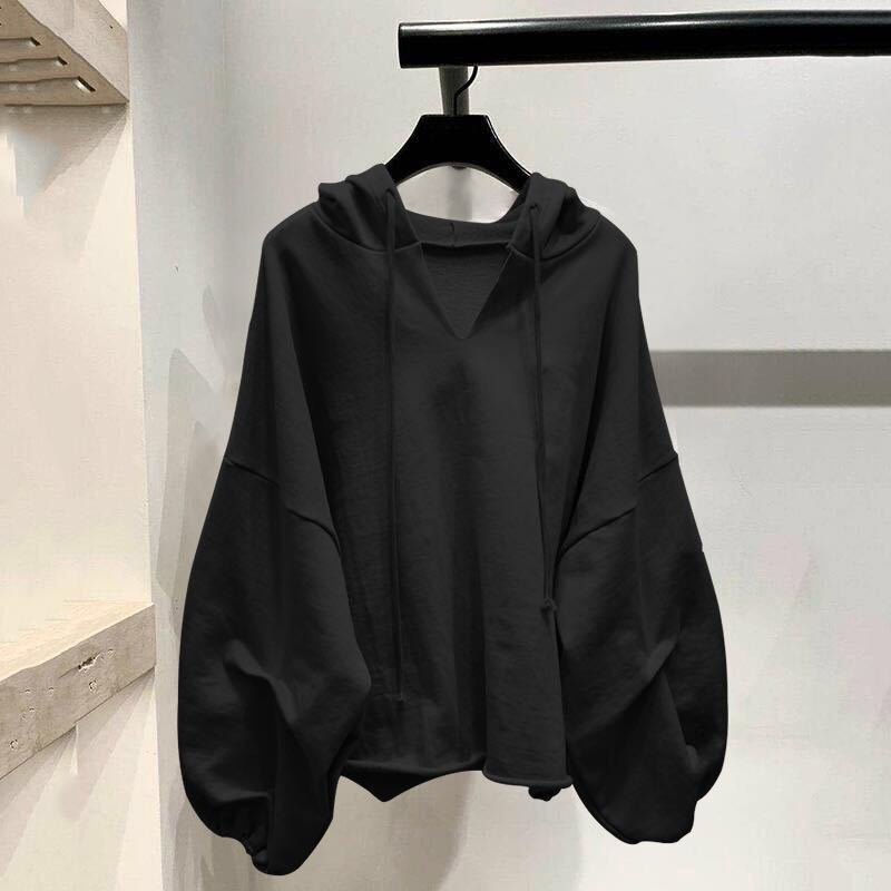 Women's Fashion Casual Solid Color V-Neck Hooded  Loose Long Sleeve Sweatshirt
