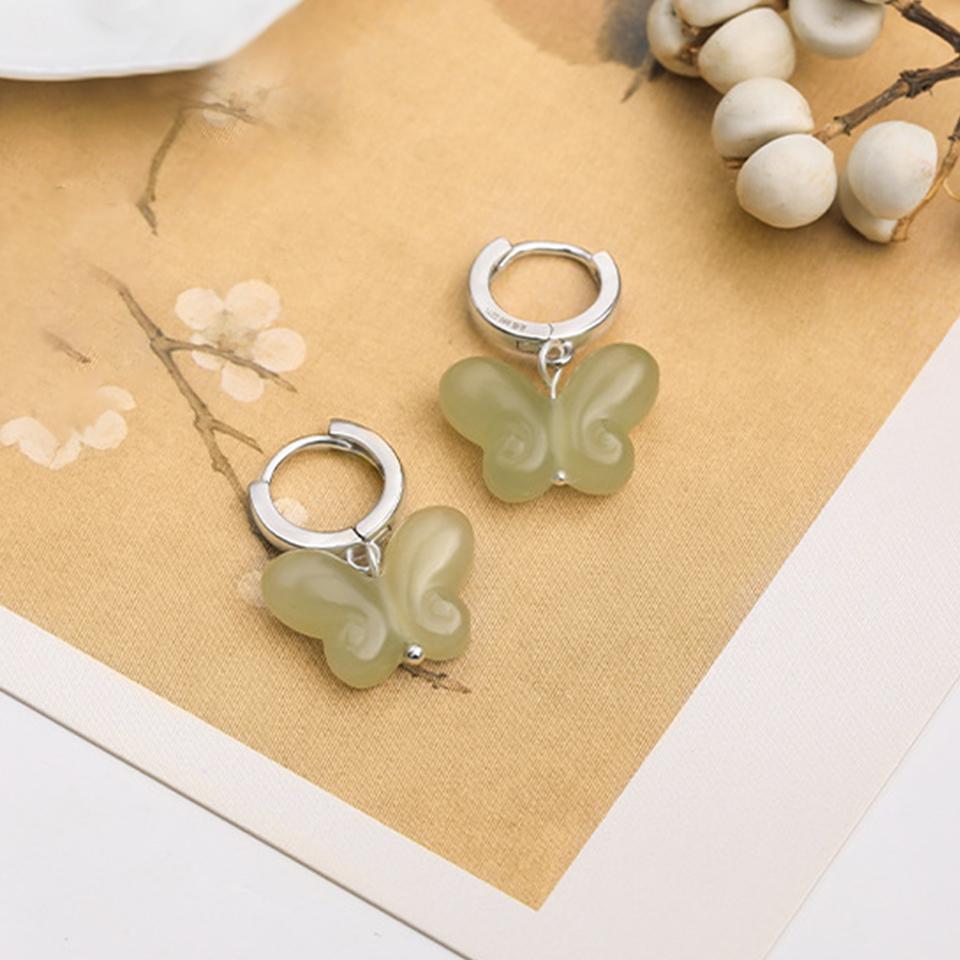 PANJBJ 925 Sterling Silver Rose Hotan Jade Earring for Women Girl Ethnic Style Versatile Temperament Jewelry Gift Dropshipping