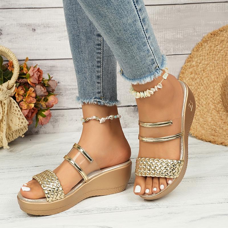 Fashion Gold Silver Weave Wedges Sandals for Women Plus Size Chunky Platform Party Slippers Woman Summer Thick Sole Non Slip Sandals