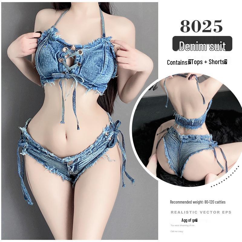 Ripped Denim Open-Crotch Shorts - Sexy Low-Waist Lingerie for Nightclub Temptation