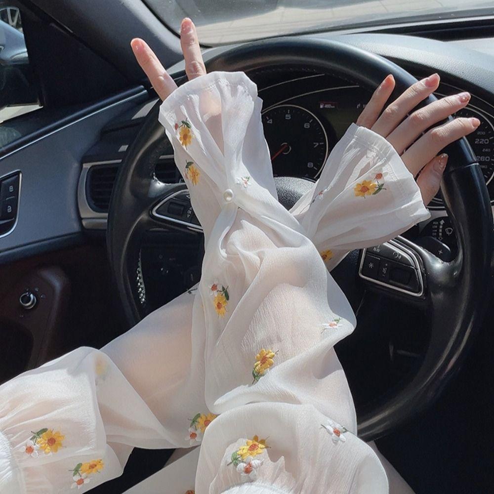 Anti-UV Stickerei Blume Eis Seide Ärmel Perlenverschluss Sonnenschutz Ärmel Atmungsaktiv Outdoor