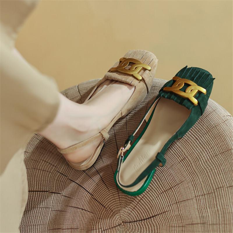 Fashion Summer Sandals Shoes Low Heel Women Sandals Fashion Metal Buckle Sheep Suede Sandals Tassel Women Pumps Ladies Shoes Green