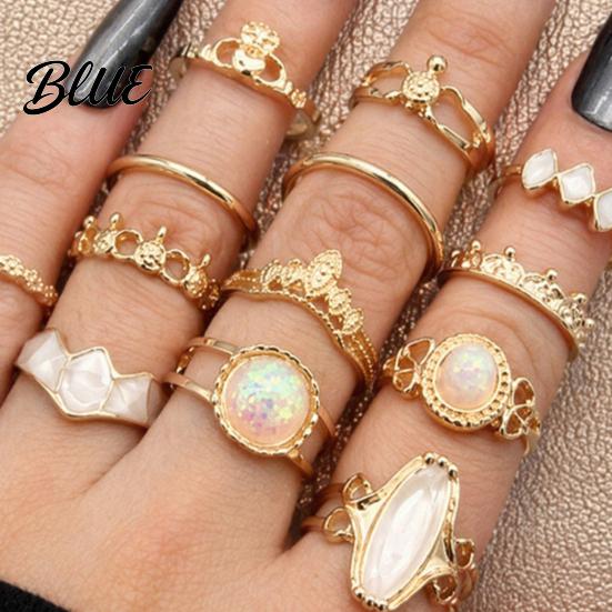 Colored Shell Inlay Rings 14Pcs/Set Women Ring Set Multi-Size Hollow