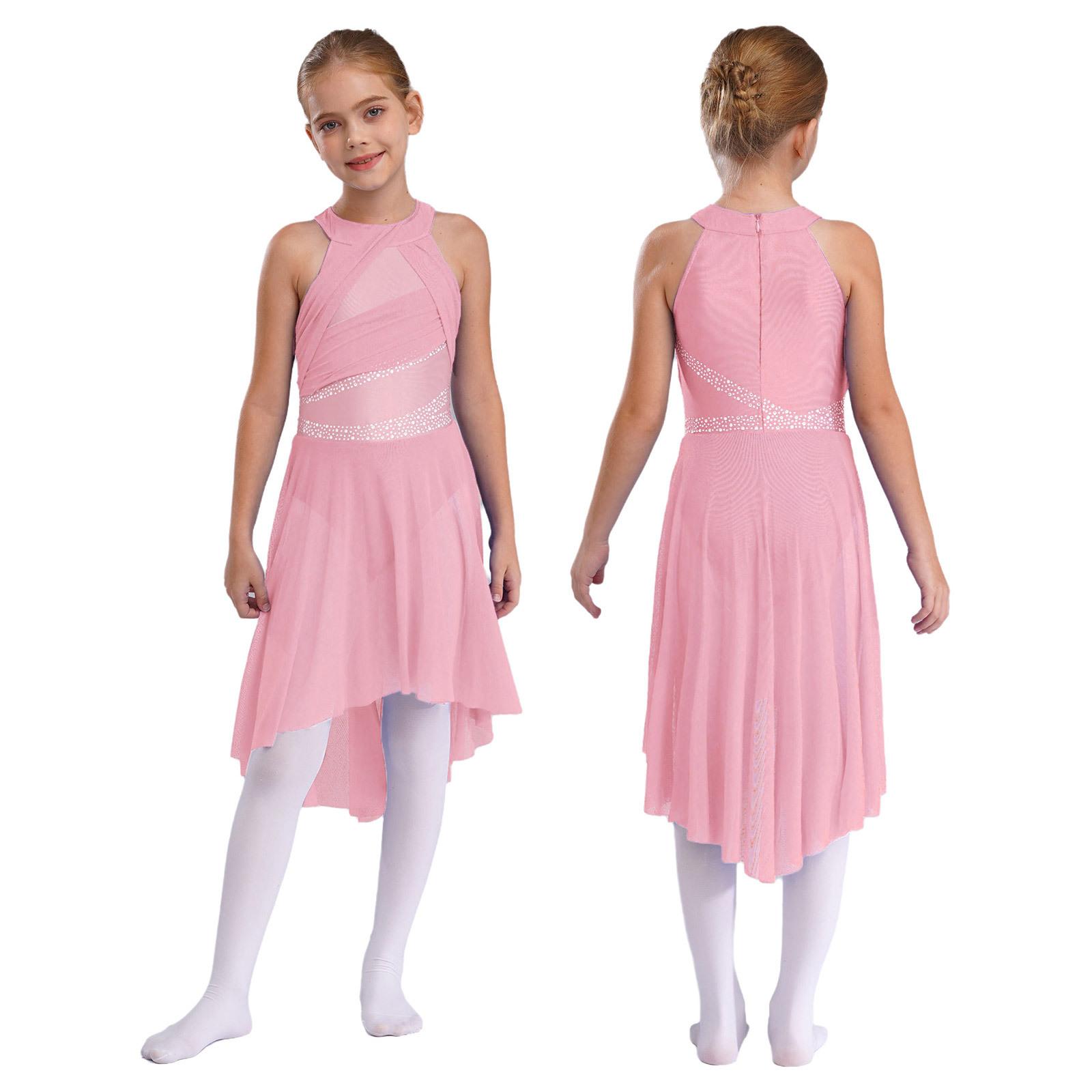 YONGHS Meisjes mouwloos glanzend lyrisch ballet turnpakje met strass steentjes, eigentijds modern Latijns danskostuum 15-16 Years roze
