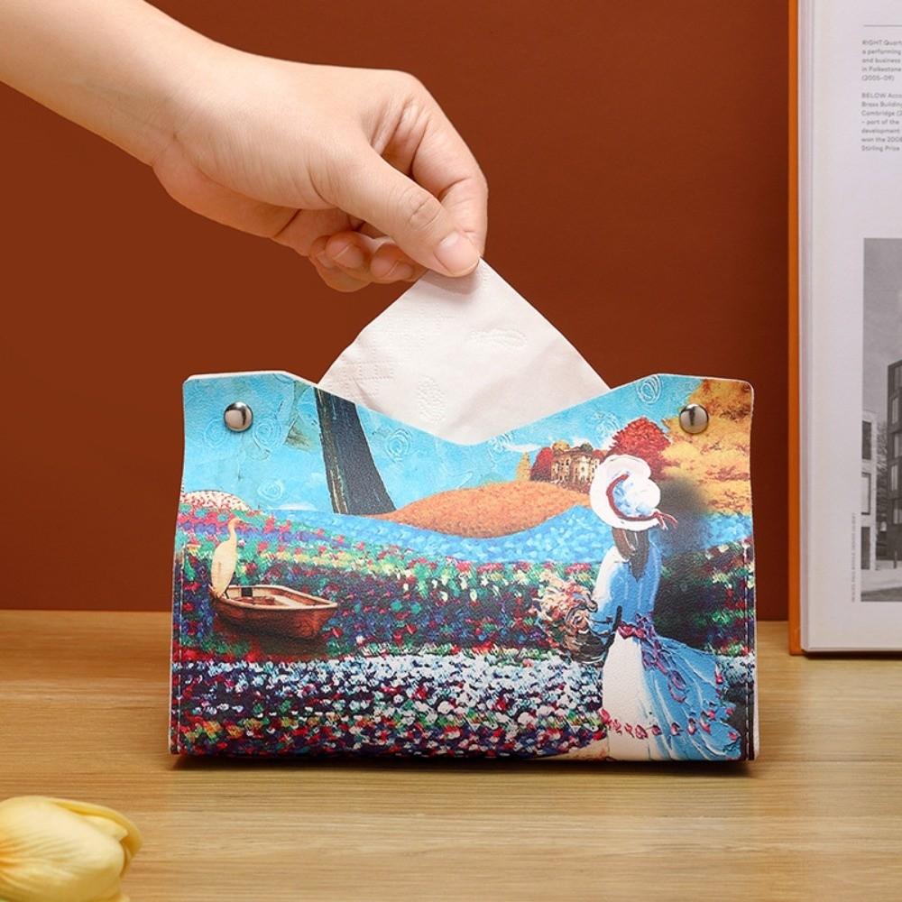 Vintage PU Leather Tissue Box Holder Oil Painting Durable Napkin Container Decorative Car Tissue Box Bathroom