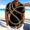 Men's Black Gold Luxury Short Sleeve Shirt, Spring Summer Business Vacation Casual Blouse, Loose Casual Top