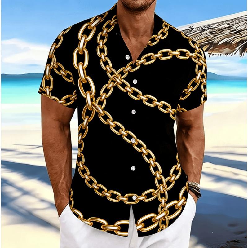 Men's Black Gold Luxury Short Sleeve Shirt, Spring Summer Business Vacation Casual Blouse, Loose Casual Top