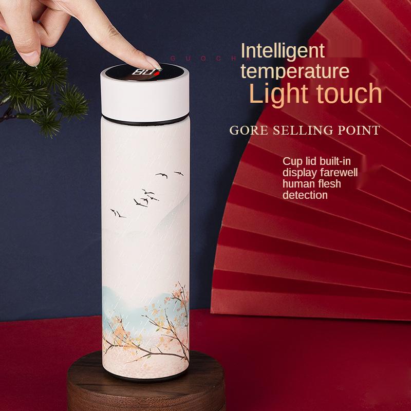 Termoláhev hrnek v čínském stylu s chytrým ukazatelem teploty, přenosná, s udržením tepla, vakuová termoska na hrnky 500 ml