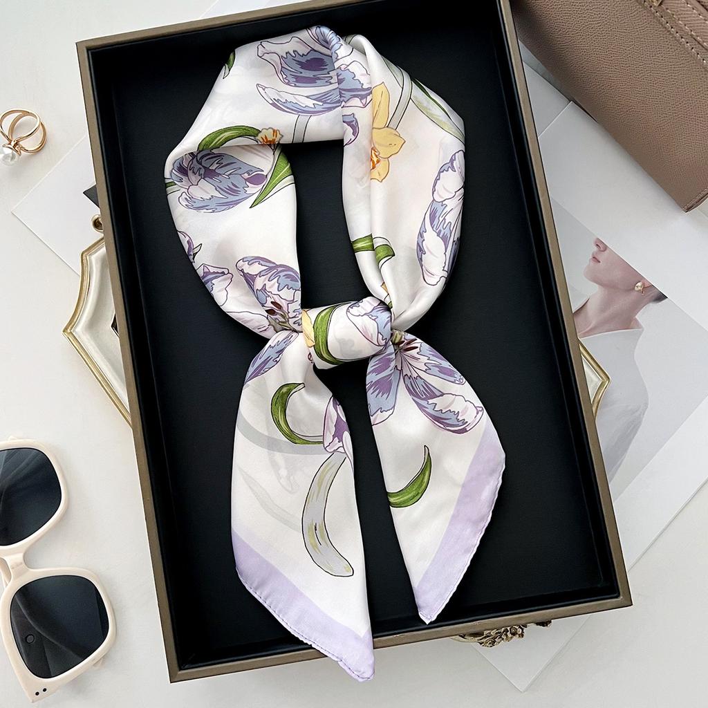 Summer Thin Floral Square Scarf For Women Hair Bag Decoration
