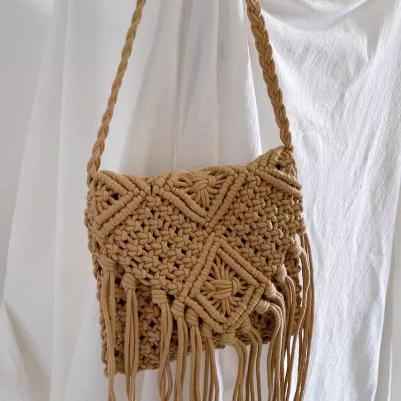 New Casual Handmade Crochet Braid Fringed Bag Women Tassel Knitted Handbag Female Beach Bohemian Shoulder Messenger Bag
