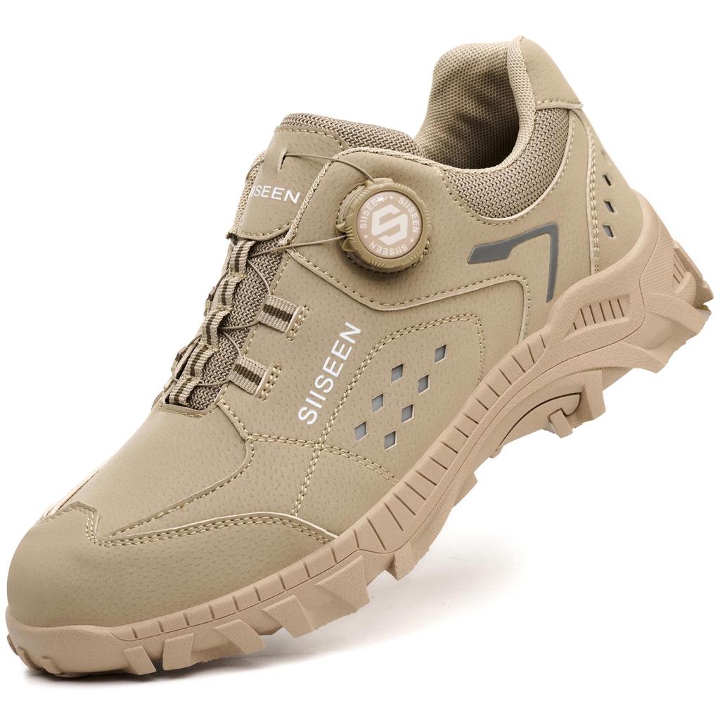 Scarpe da Lavoro di Sicurezza da Uomo con Punta in Acciaio Bottone Rotante Pelle Nera Antiscivolo Scarpe da Lavoro da Uomo Sneakers Leggere Sneakers da Lavoro Protettive