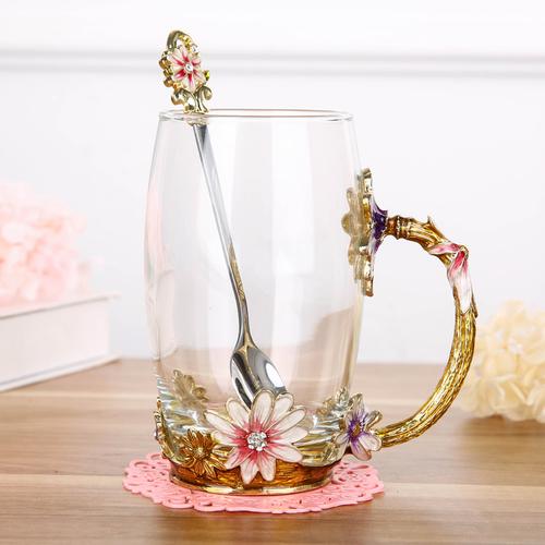 Emaliowany Kolorowy Kubek do Herbaty z Kwiatami Domowy Kubek do Wody Salonowy Kubek do Kawy Kryształowy Szklany Kubek do Herbaty z Pokrywką i Łyżeczką Naczynie do Napojów z Uchwytem