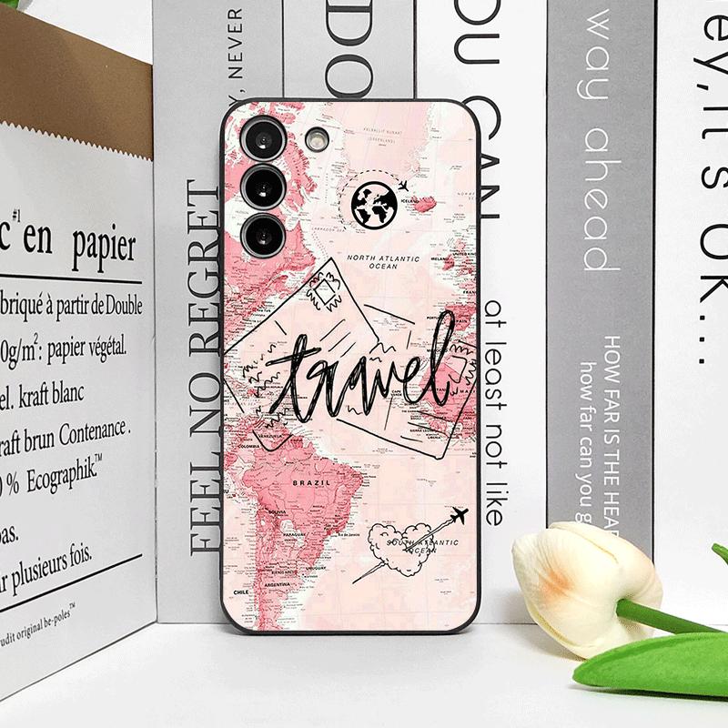 Pink World Map Printed Phone Case for Samsung S24 S23 Ultra S22 S25 Plus S21 S20FE 5G Shockproof Cover for Galaxy S25 Edge Shell