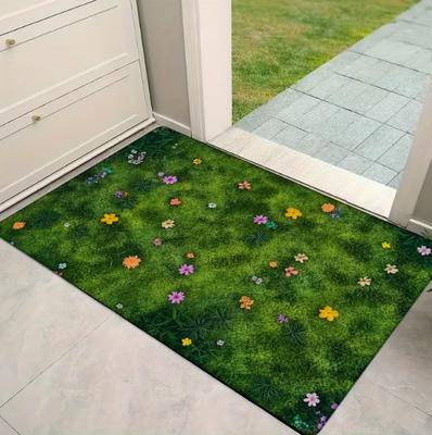 Tapis de sol imprimé Fond vert herbe fraîche Petites fleurs éparpillées et épanouies Tapis de décoration de pièce Tapis de décoration pour la maison