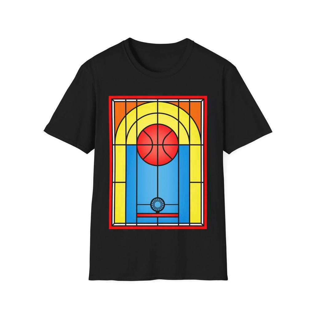 Stained Glass Basketball Court T-Shirt, Sports Fan Graphic Tee, Regular Fit Top