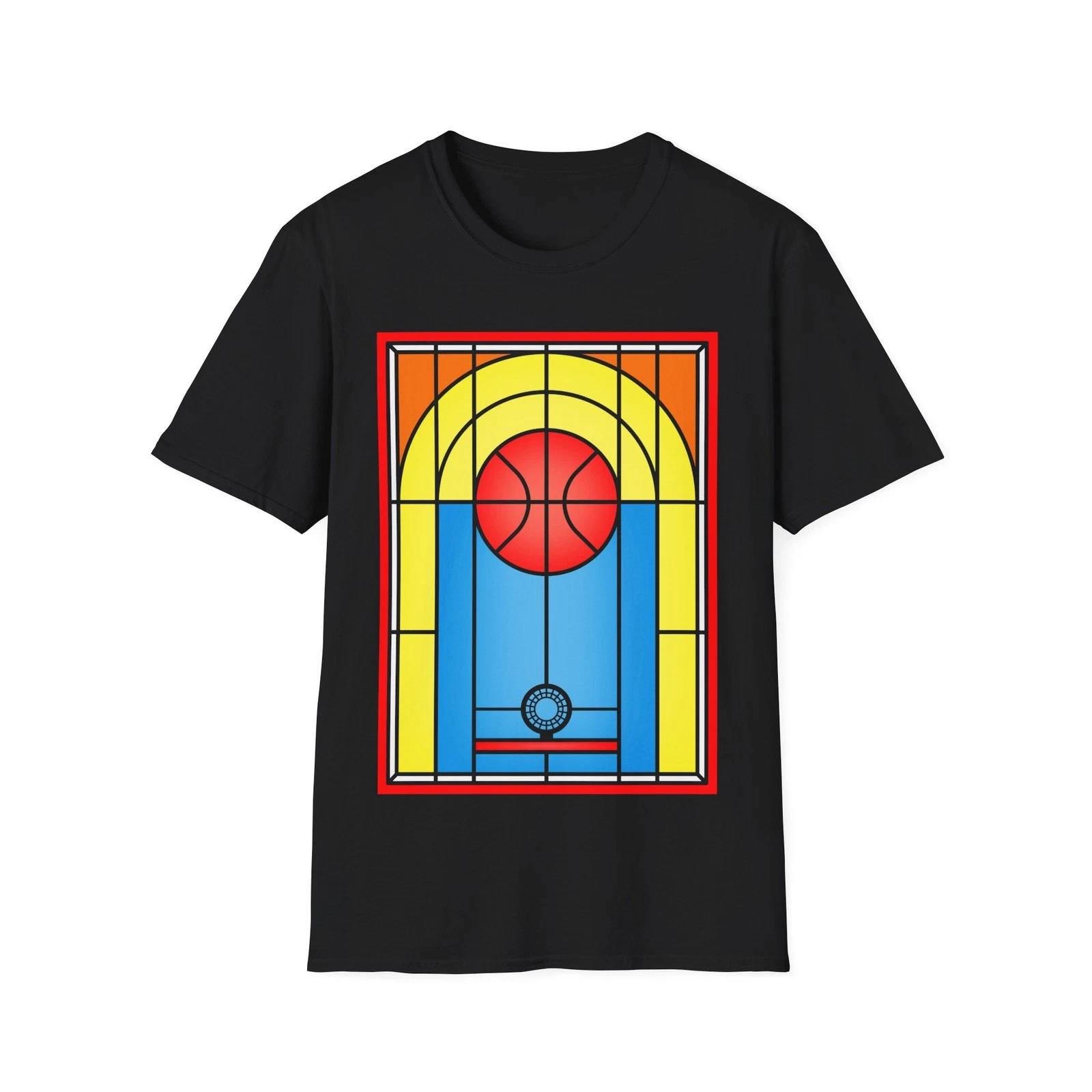 Stained Glass Basketball Court T-Shirt, Sports Fan Graphic Tee, Regular Fit Top L