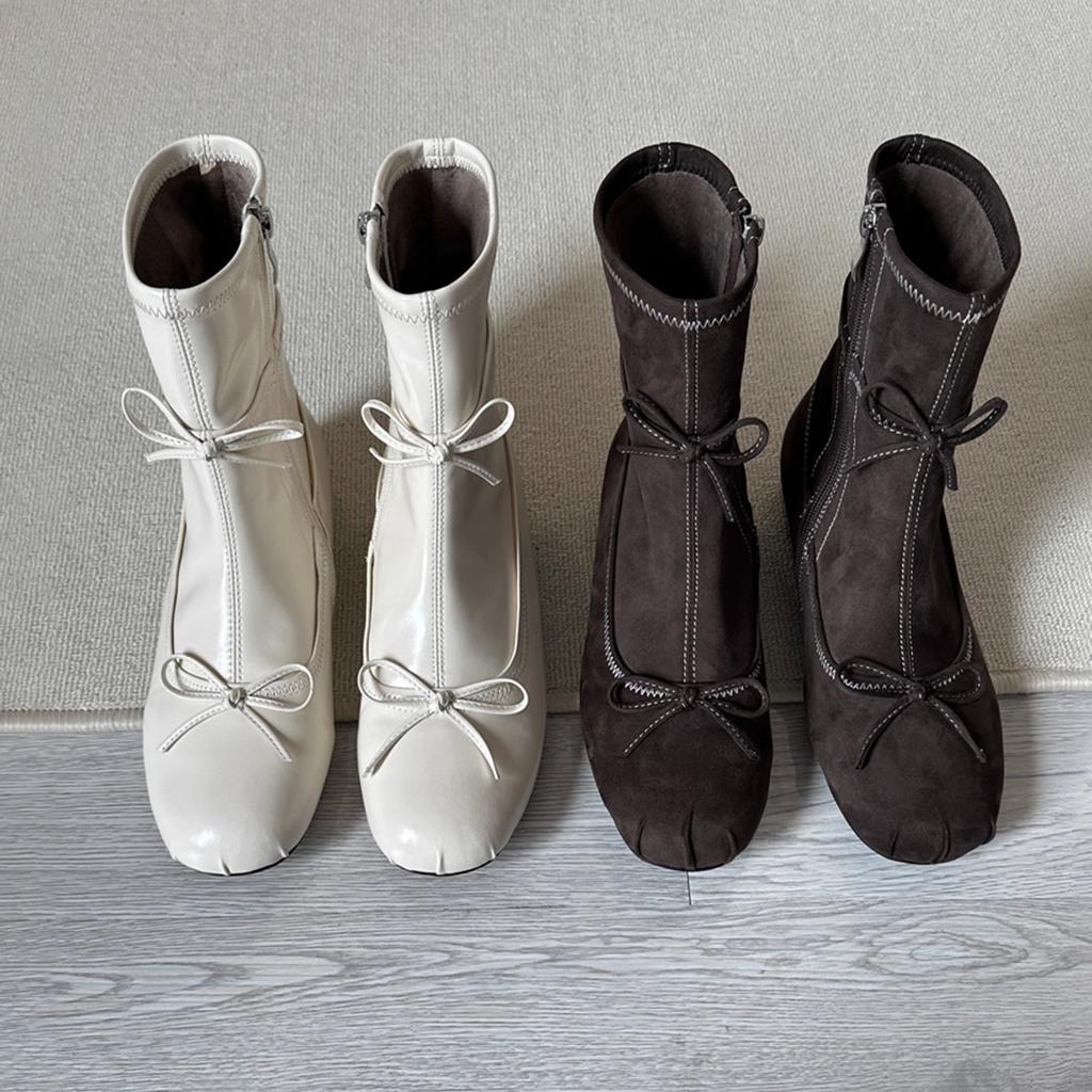 Lammfellversion~ Französische runde Zehen Schleife innen höhenerhöhende kurze Stiefel Damen elastische dünne Stiefel Reißverschluss hinten Temperament kleine nackte Stiefel