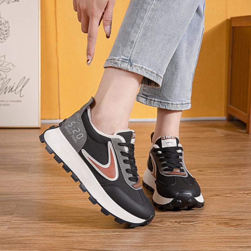 

Spring and Autumn velvet thick-soled heightening waffle shoes female Korean version student versatile board shoes non-slip sports casual shoes dad sho 35 чёрный