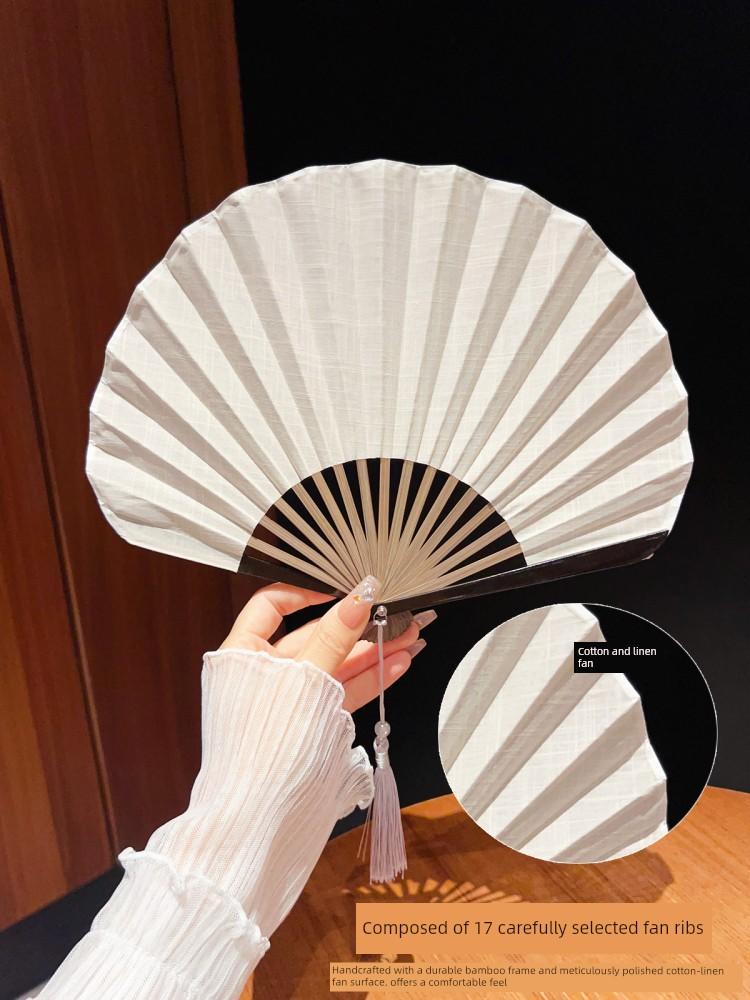 Pure Color Shell Fan Chinese Ancient Style Cotton and Linen Fan Minimalist Fresh Folding Fan Retro Portable Female for Cheongsam Summer Cool Fan