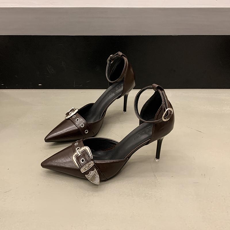 

Модные женские босоножки на высоком каблуке, летние, новая мода, металлическая пряжка, туфли-лодочки с острым носком, женские элегантные туфли для вечеринки 35