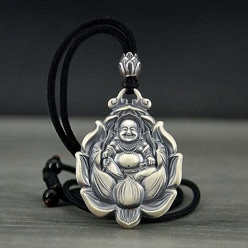 Wisiorek Guanyin ze srebra próby 999 w stylu vintage, męski naszyjnik z litego srebra, wisiorek-amulet, kobiecy wisiorek z Buddą Maitreyą w roku urodzenia