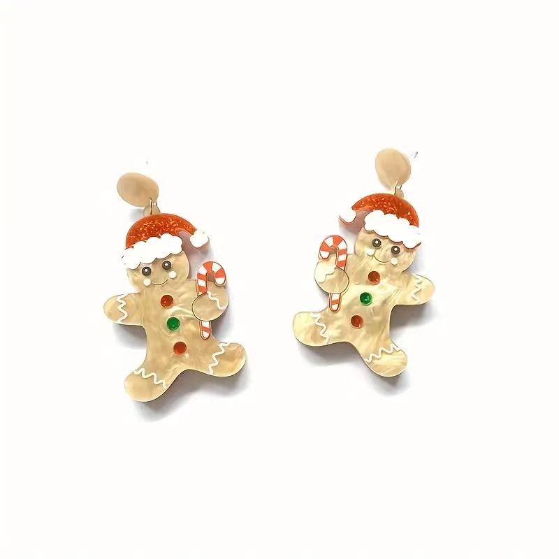 A Pair Christmas Hat Candy Cane Gingerbread Man Acrylic Earrings Cartoon Festive Atmosphere Girl Christmas Outfit Matching Ea