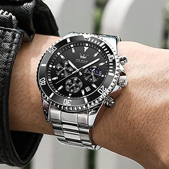 OLEVS Mens Watch Black Waterproof Quartz Analog Wristwatch Chronograph Silver Stainless Steel Metal Band Dial Large