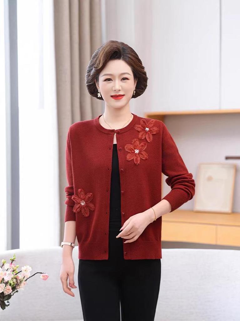 Embroidered Floral Knit Cardigan for Mothers: Stylish, Loose-Fit Wool Sweater Coat in Plus Sizes