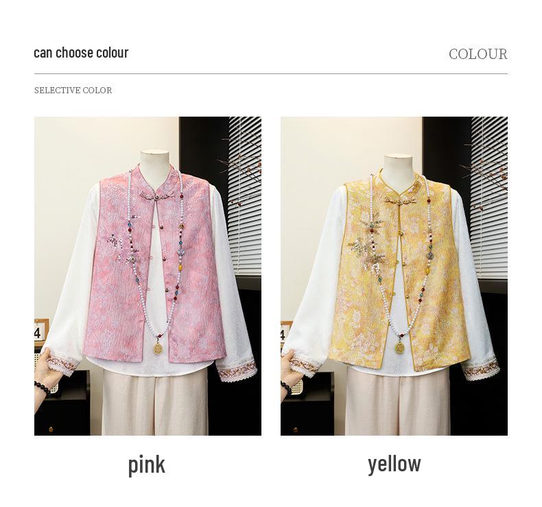 Fashionable Two-Piece Spring Outfit for Moms: Jacquard Satin Vest and National Style Top for Middle-Aged and Elderly Women