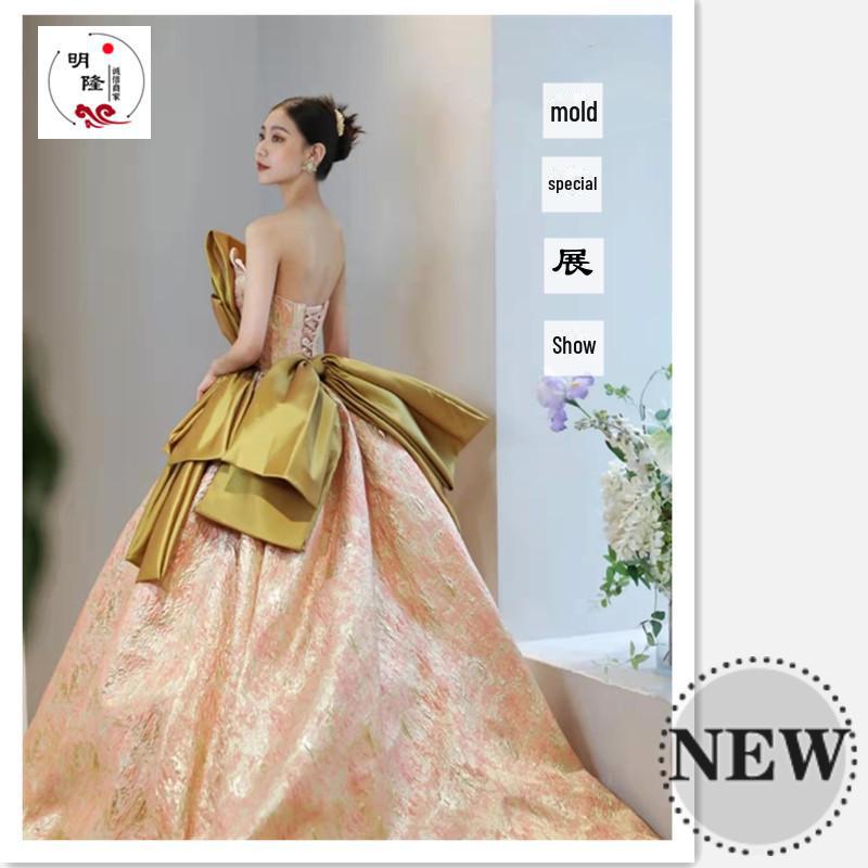 High-End Gold Silk Jacquard Dress: European and American Style