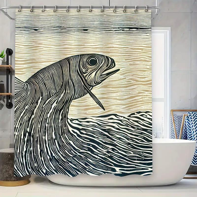 Modern Decorative Fish Bath Curtains for Home Bathroom White Black Printed Shower Curtain with Rod Pocket Hemline (180x245 cm)