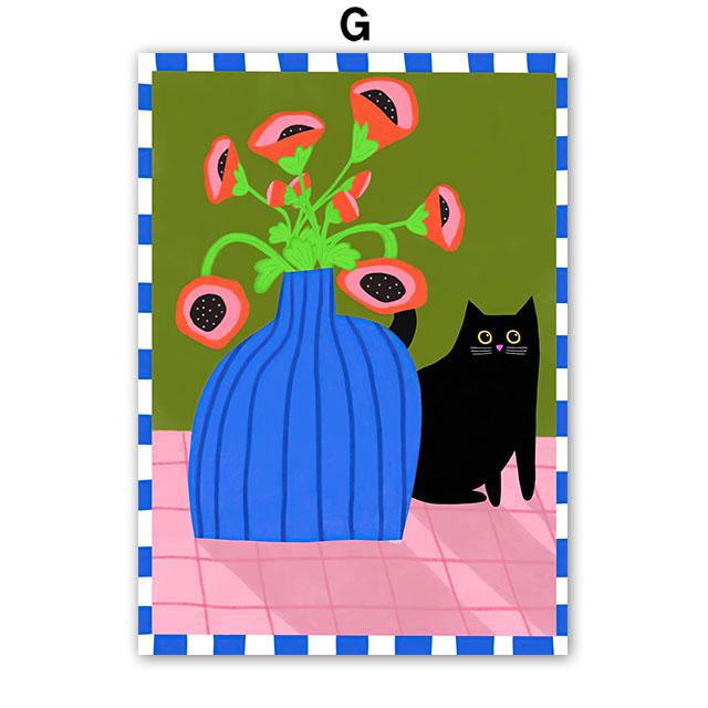 Boho Abstract Girl Vase Flower Black Cat Illustration Wall Art Canvas Painting Nordic Poster & Prints Pictures Living Room Decor