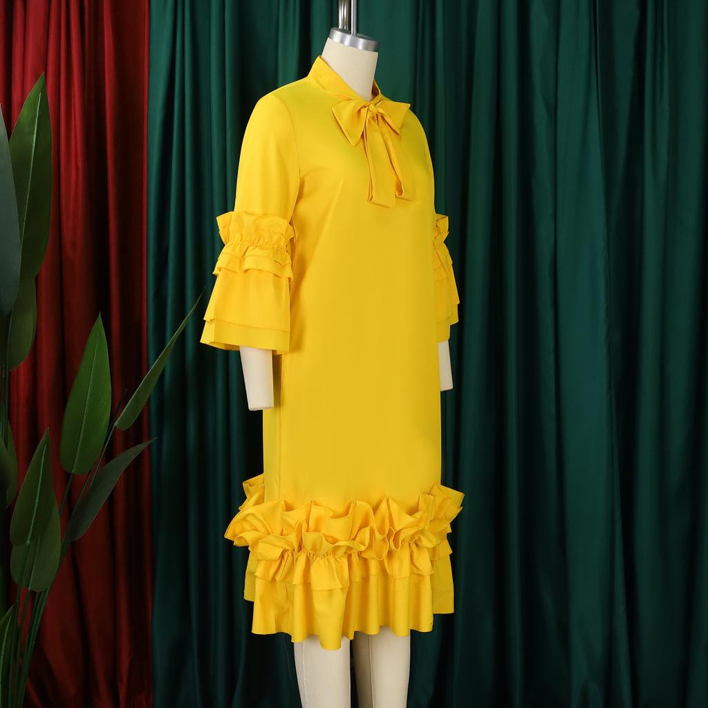 Elegant Office Dresses Women Bow Collar Ruffles Sleeve Straight Mid Calf Fashion Formal Female Business Work Wear Dress Midi Hot