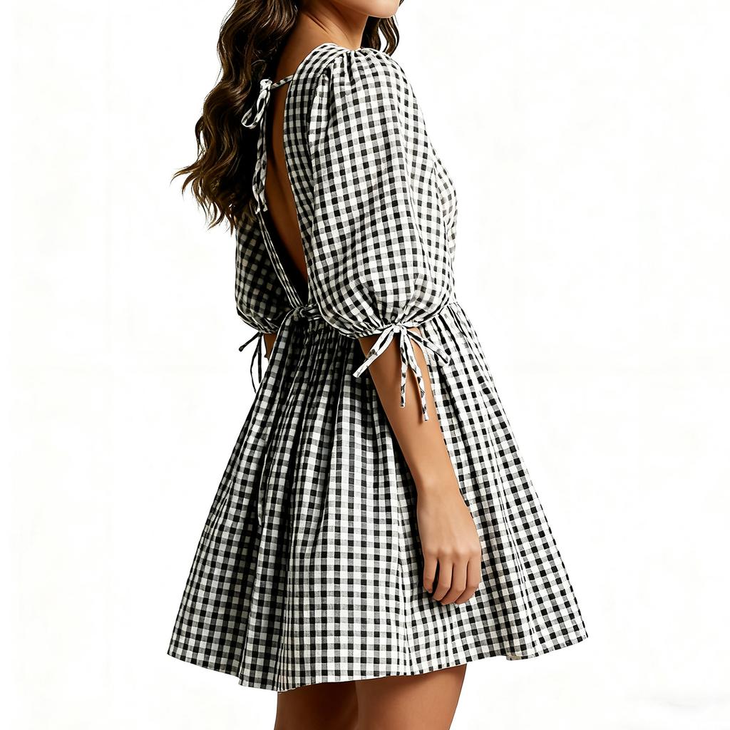 Women's  Plaid Tie-Front Babydoll Dress With Ruffles, Puff Long Sleeves, V-Neck, Peplum Waist, Sundress For Beach