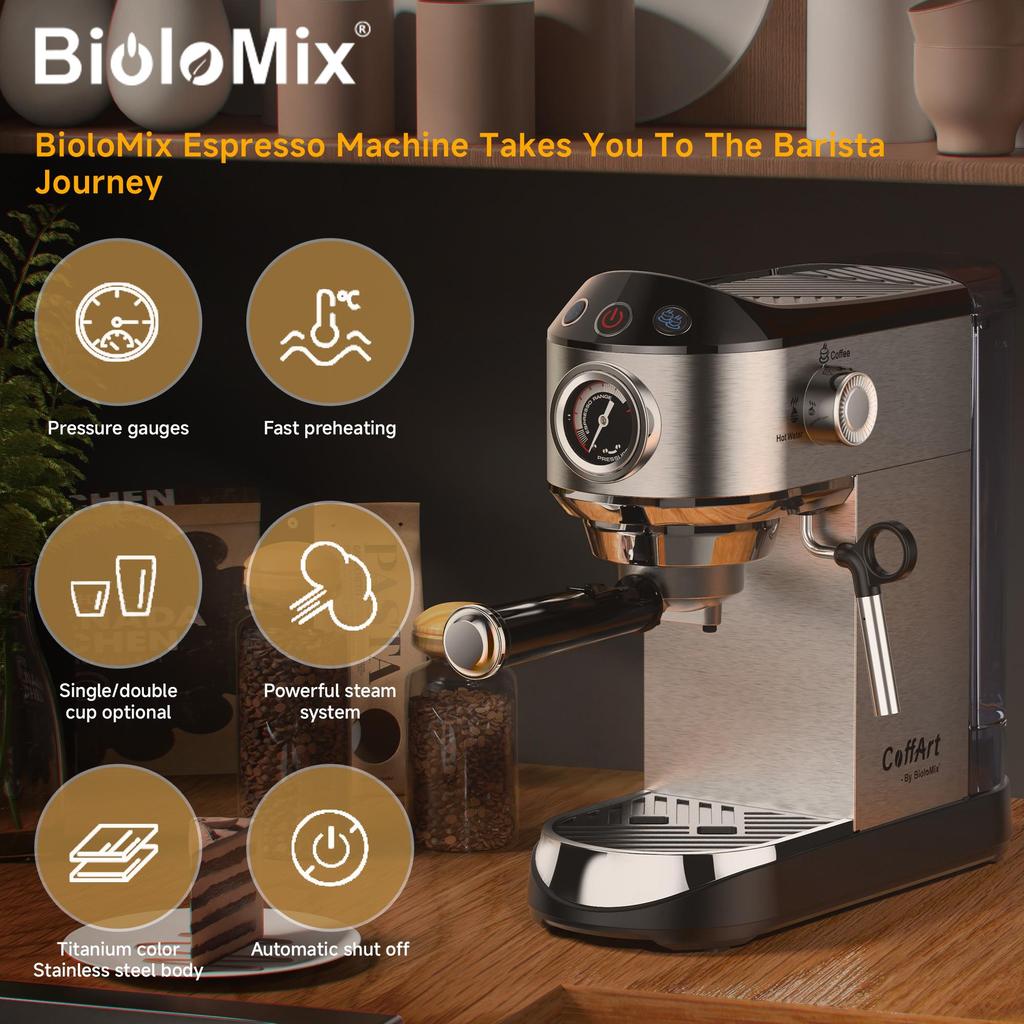 Biolomix 7008 Stainless Steel Espresso Coffee Machine,20Bar Pressure,1450W,Pressure Gauge,Milk Frother Steam Wand,Tank for Home Latte Cappuccino