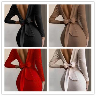 Women Sexy Backless Bodycon Dress Long Sleeve Bow Tie Mini Dress Evening Party Dress