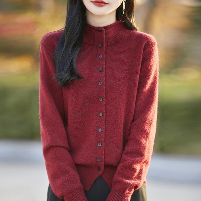 Ladies' Floral Stand Collar Worsted Wool Knit Cardigan Sweater - Autumn/Winter Fashion