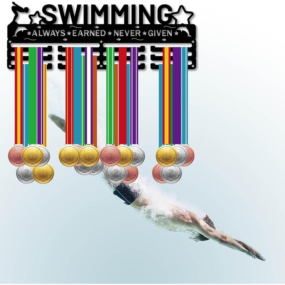 Metal Medal Display Rack Wall Mounted Holder Heavy Duty 20 Hooks for Sports Marathon Race Swimming Award Organizer Black 40x11cm