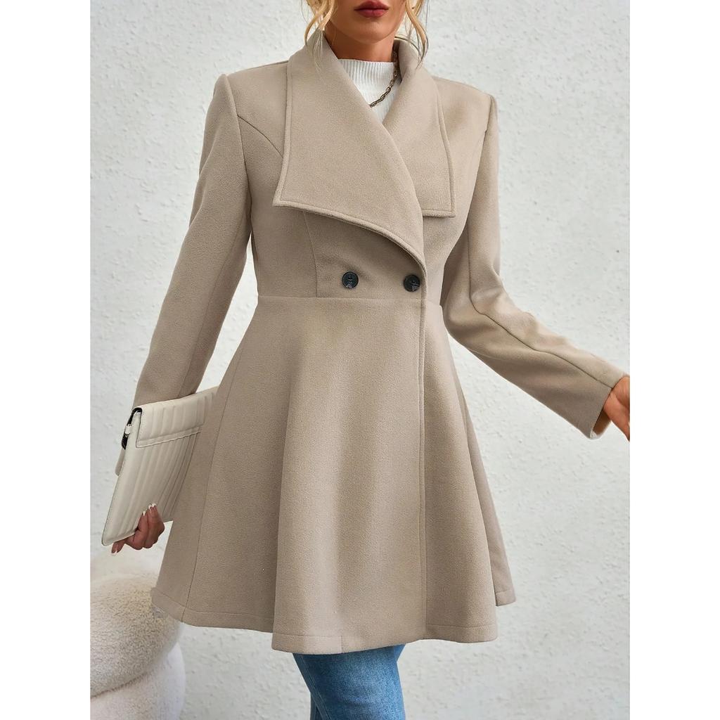 Autumn Winter Women's Notched Lapel Wool Coat, Double-Breasted Trench Style Overcoat with Solid Color Design, Elegant Outerwear for Office & Commute