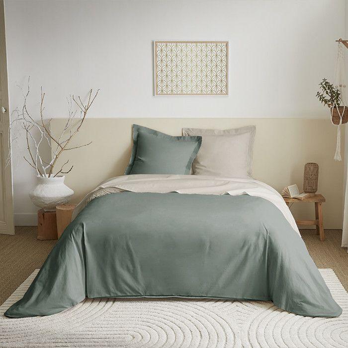 Parure de couette 4 pièces réversible 240 x 220 cm "Eucalyptus/Lin" pour lit 140 x 190 cm Coton Pur